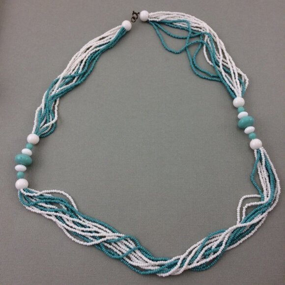 Blue and White Multi Strand Beaded Necklace with Metal Striped Bangle Bracelet - Picture 9 of 12